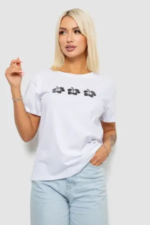 Футболка жіноча з принтом, колір білий, 95% бавовна, Повсякденний (casual), Літній, M-L