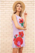 Коротка сукня з льону, з квітами Маки, колір бузковий