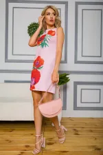 Коротка сукня з льону з квітами Маки колір рожевий