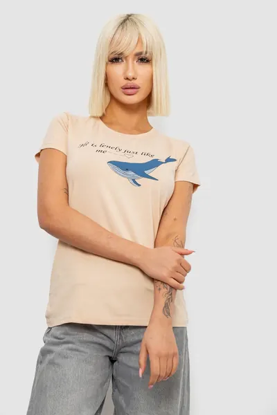 Футболка жіноча з принтом, колір бежевий, 90% бавовна, Повсякденний (casual)