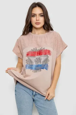 Футболка жіноча з принтом, колір бежевий, 95% бавовна, Повсякденний (casual), Літній, L-XXL